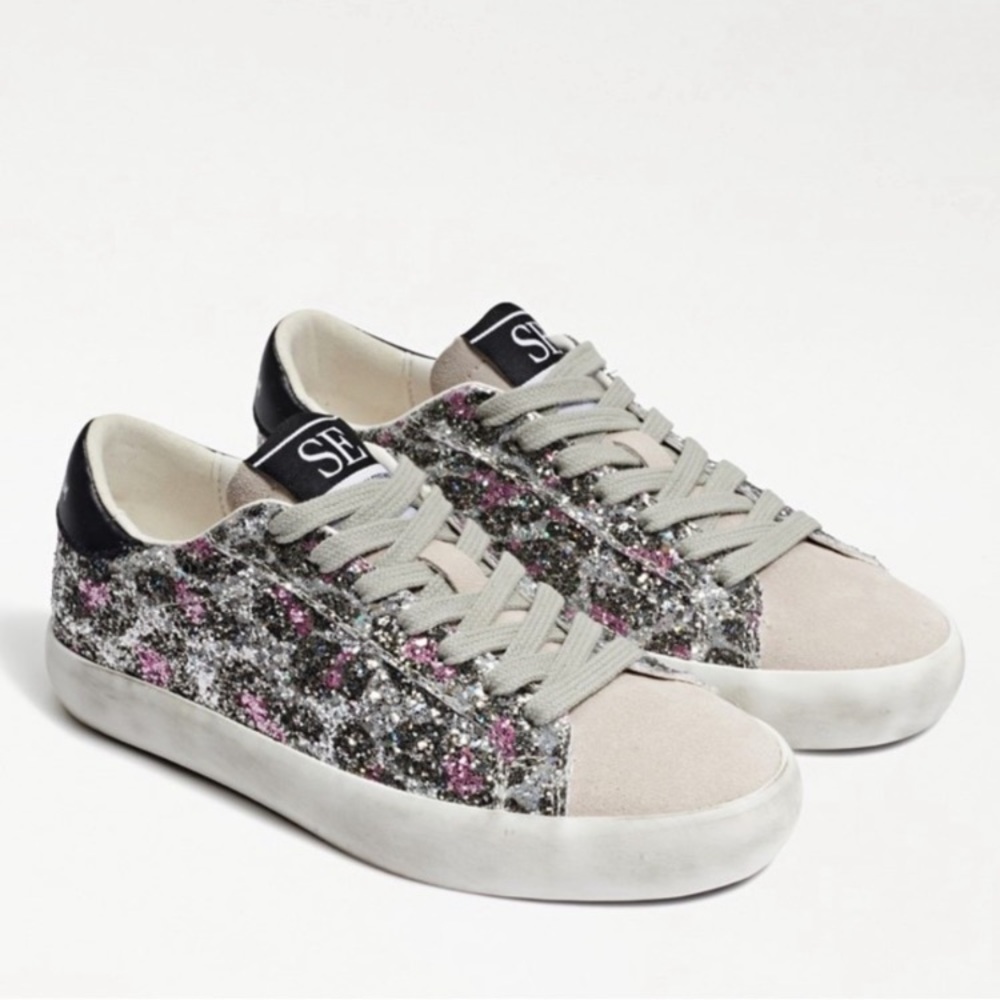 Sam Edelman Sparkly Cheetah/Silver/Pink Low Top Sneakers Girls Size 4 Brand New